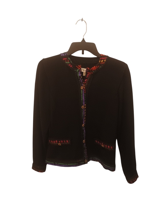 Umi Collections Sweaters - Anne Crimminys Black Knit Embroidered Sweater Cardigan with Multicolor Trim